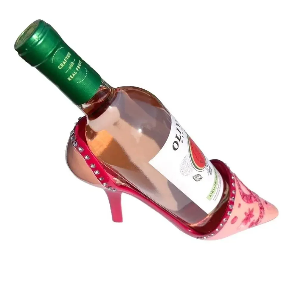 Stiletto High Heel Shoe Wine Bottle Holder Stand Pink Bling Breast Cancer